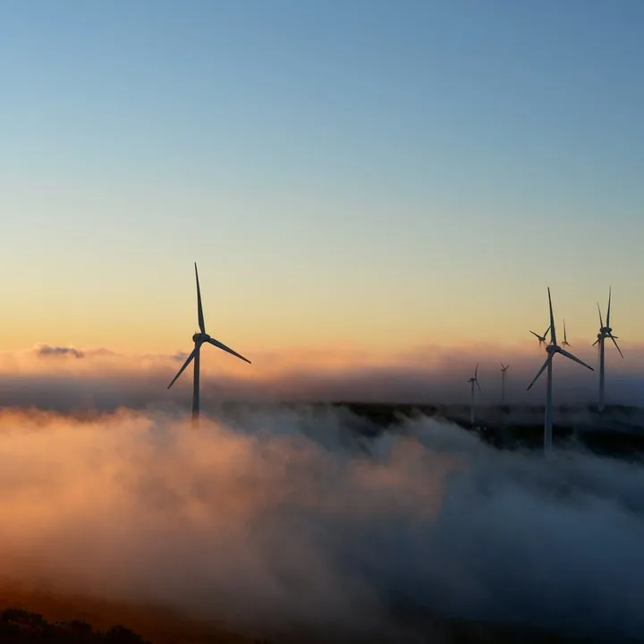 Wind turbines above low cloud at sunset